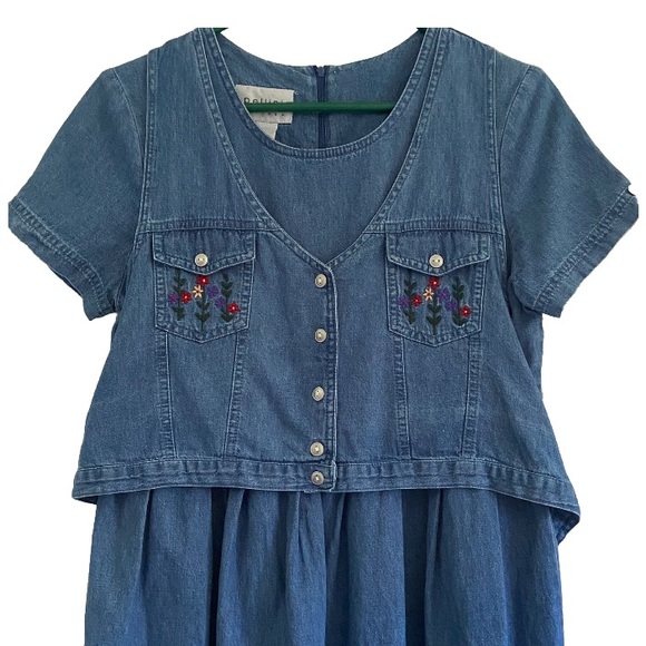 Vintage Pellini Blues petites women's 6P Denim Dress Tie Vest Floral Embroidery - Picture 2 of 16